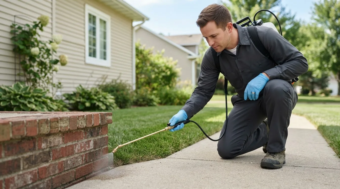 Pest control technician treating a home near Henderson, NE