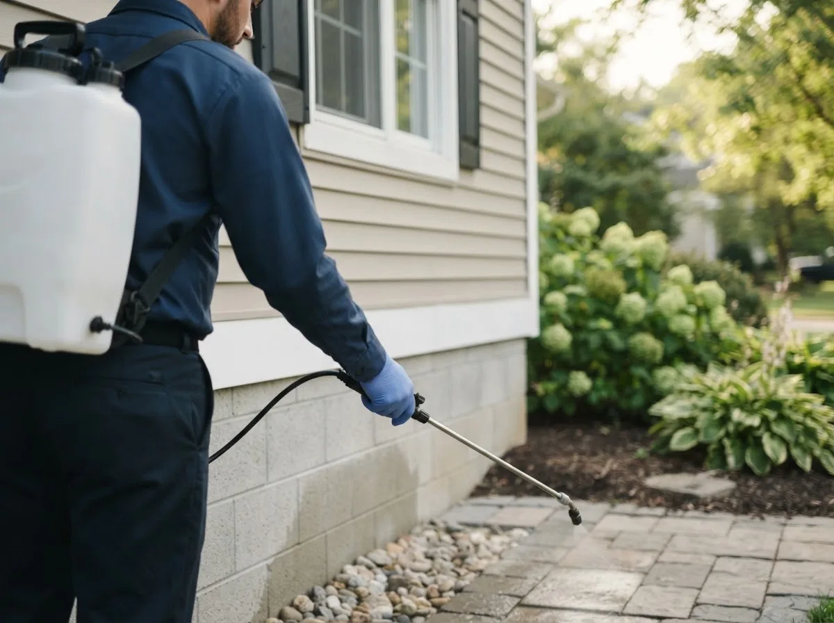 Pest control technician inspecting a home in Henderson, NE